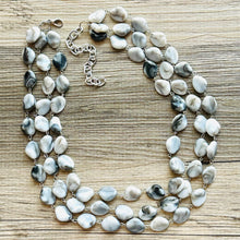 Load image into Gallery viewer, Gray Ombré Chunky Statement Necklace, Tie Dye multi Strand Beaded Jewelry, 3 strand chunky bib silver white black bead