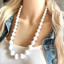 Load image into Gallery viewer, Creamy Graduated long necklace, white acrylic beaded statement necklace, everyday neutral chunky layering vintage necklace