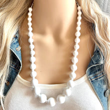 Load image into Gallery viewer, Creamy Graduated long necklace, white acrylic beaded statement necklace, everyday neutral chunky layering vintage necklace