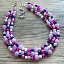 Load image into Gallery viewer, Chunky Purple Beaded Necklace, Lavender Multi Strand Acrylic Beaded Jewelry, navy blue jewelry set, big bead light purple pink 3 strands
