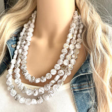 Load image into Gallery viewer, Crossed Paths Necklace, Gold Clear Resin & White Necklace multi strand jewelry, big bib beaded chunky statement, bridesmaid necklace