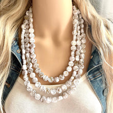 Load image into Gallery viewer, Crossed Paths Necklace, Gold Clear Resin & White Necklace multi strand jewelry, big bib beaded chunky statement, bridesmaid necklace