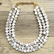 Load image into Gallery viewer, Crossed Paths Necklace, Gold Clear Resin & White Necklace multi strand jewelry, big bib beaded chunky statement, bridesmaid necklace
