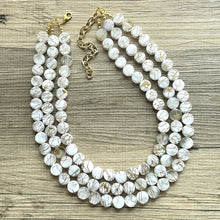 Load image into Gallery viewer, Crossed Paths Necklace, Gold Clear Resin & White Necklace multi strand jewelry, big bib beaded chunky statement, bridesmaid necklace