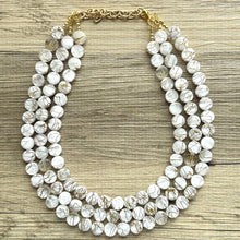 Load image into Gallery viewer, Crossed Paths Necklace, Gold Clear Resin & White Necklace multi strand jewelry, big bib beaded chunky statement, bridesmaid necklace