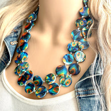 Load image into Gallery viewer, Peacock Shell Disc Chunky Statement Necklace, Two Strand Beaded Jewelry, Orange Blue Green jewelry, bridesmaid wedding bib feather