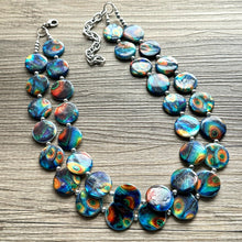 Load image into Gallery viewer, Peacock Shell Disc Chunky Statement Necklace, Two Strand Beaded Jewelry, Orange Blue Green jewelry, bridesmaid wedding bib feather