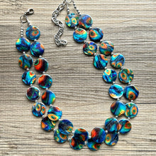 Load image into Gallery viewer, Peacock Shell Disc Chunky Statement Necklace, Two Strand Beaded Jewelry, Orange Blue Green jewelry, bridesmaid wedding bib feather
