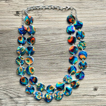 Load image into Gallery viewer, Peacock Shell Disc Chunky Statement Necklace, Two Strand Beaded Jewelry, Orange Blue Green jewelry, bridesmaid wedding bib feather
