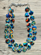 Load image into Gallery viewer, Peacock Shell Disc Chunky Statement Necklace, Two Strand Beaded Jewelry, Orange Blue Green jewelry, bridesmaid wedding bib feather