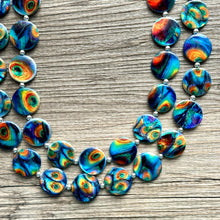 Load image into Gallery viewer, Peacock Shell Disc Chunky Statement Necklace, Two Strand Beaded Jewelry, Orange Blue Green jewelry, bridesmaid wedding bib feather