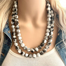 Load image into Gallery viewer, Gray Ombré Chunky Statement Necklace, Tie Dye multi Strand Beaded Jewelry, 2 strand chunky bib silver white black bead painted beads