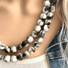 Load image into Gallery viewer, Gray Ombré Chunky Statement Necklace, Tie Dye multi Strand Beaded Jewelry, 2 strand chunky bib silver white black bead painted beads
