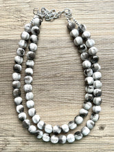 Load image into Gallery viewer, Gray Ombré Chunky Statement Necklace, Tie Dye multi Strand Beaded Jewelry, 2 strand chunky bib silver white black bead painted beads
