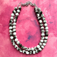 Load image into Gallery viewer, Gray Ombré Chunky Statement Necklace, Tie Dye multi Strand Beaded Jewelry, 2 strand chunky bib silver white black bead painted beads