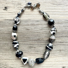 Load image into Gallery viewer, Vintage Black & White Silver Chunky Statement Necklace single Strand Beaded jewelry, bib wedding Glass bubble necklace resin