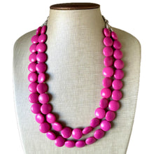 Load image into Gallery viewer, Flutter Bead pink Necklace, 2 Strand Statement Jewelry, magenta pink Chunky bib bridesmaid, hot pink jewelry, dark pink necklace earring set
