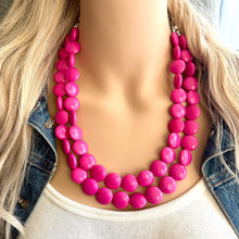 Load image into Gallery viewer, Flutter Bead pink Necklace, 2 Strand Statement Jewelry, magenta pink Chunky bib bridesmaid, hot pink jewelry, dark pink necklace earring set