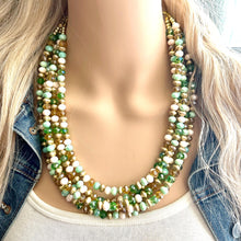 Load image into Gallery viewer, St. Patrick’s Day Gold & Green Statement Necklace, 5 strand forest, dark green Jewelry, glass beaded jewelry, multi strand green necklace