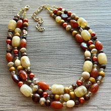 Load image into Gallery viewer, Bourbon & Espresso Chunky Necklace, dark brown bead necklace, 3 strand bib resin statement layering jewelry chocolate copper orange gold