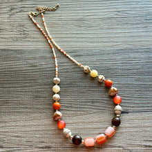 Load image into Gallery viewer, Crisp Autumn Statement Long Necklace, fall colors Cream Gold Necklace, 1 Strand Statement necklace, vintage wood chunky orange red