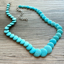 Load image into Gallery viewer, Shades of Blue Long Statement Necklace, long tassel silver necklace, beaded long necklace, smoke gray turquoise royal aqua