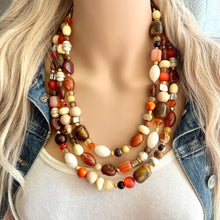 Load image into Gallery viewer, Cinnamon & Espresso Chunky Necklace, dark brown bead necklace, 3 strand bib resin statement layering jewelry chocolate copper orange gold