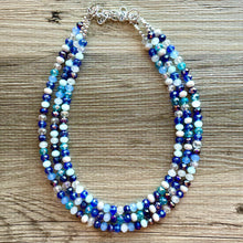 Load image into Gallery viewer, Blue & Silver Ombré Glass Chunky Statement Necklace, silver bib necklace, aqua turquoise teal navy royal blue, wedding bridesmaid chunky