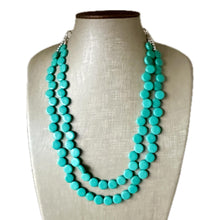 Load image into Gallery viewer, Green teal 2 Strand Statement Necklace, Chunky Jewelry Big Beaded Necklace, dark blue green geometric zig zag round earrings turquoise