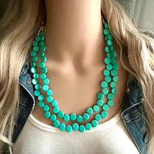 Load image into Gallery viewer, Green teal 2 Strand Statement Necklace, Chunky Jewelry Big Beaded Necklace, dark blue green geometric zig zag round earrings turquoise