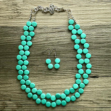 Load image into Gallery viewer, Green teal 2 Strand Statement Necklace, Chunky Jewelry Big Beaded Necklace, dark blue green geometric zig zag round earrings turquoise