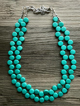 Load image into Gallery viewer, Green teal 2 Strand Statement Necklace, Chunky Jewelry Big Beaded Necklace, dark blue green geometric zig zag round earrings turquoise