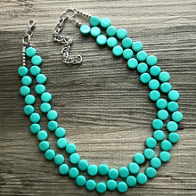 Load image into Gallery viewer, Green teal 2 Strand Statement Necklace, Chunky Jewelry Big Beaded Necklace, dark blue green geometric zig zag round earrings turquoise