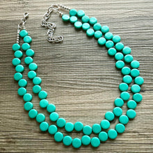 Load image into Gallery viewer, Green teal 2 Strand Statement Necklace, Chunky Jewelry Big Beaded Necklace, dark blue green geometric zig zag round earrings turquoise
