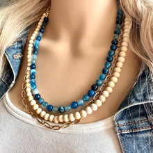 Load image into Gallery viewer, Agate + Gold Chain beaded Statement Chunky Necklace, casual necklace, Traveler 3 strand brown necklace, big bead wood blue striped jewelry