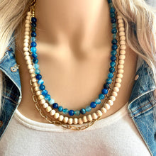 Load image into Gallery viewer, Agate + Gold Chain beaded Statement Chunky Necklace, casual necklace, Traveler 3 strand brown necklace, big bead wood blue striped jewelry