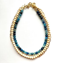 Load image into Gallery viewer, Agate + Gold Chain beaded Statement Chunky Necklace, casual necklace, Traveler 3 strand brown necklace, big bead wood blue striped jewelry