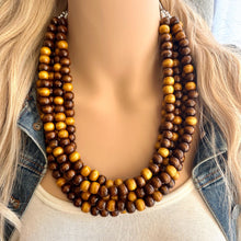 Load image into Gallery viewer, 5 Strand Vintage Wood Beaded Necklace, brown Jewelry Chunky statement necklace, big beaded necklace jewelry, natural smooth wood
