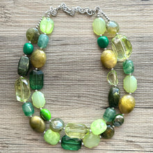 Load image into Gallery viewer, Shamrock Green Statement Necklace, Double Strand necklace Chunky Jewelry, forest green jewelry, beaded necklace olive green dark green gold