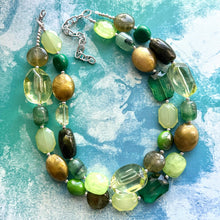 Load image into Gallery viewer, Shamrock Green Statement Necklace, Double Strand necklace Chunky Jewelry, forest green jewelry, beaded necklace olive green dark green gold