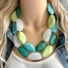Load image into Gallery viewer, Jewel of the Jungle Statement Necklace, Chunky Jewelry Big Beaded Necklace, light green Necklace, olive Jewelry bubble 2 strand turquoise