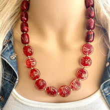 Load image into Gallery viewer, Gold & Red Jewel Statement Necklace, Chunky 1 Strand Jewelry, gold red necklace, glass bib beaded necklace thick collar bead lampwork