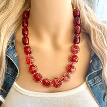 Load image into Gallery viewer, Gold & Red Jewel Statement Necklace, Chunky 1 Strand Jewelry, gold red necklace, glass bib beaded necklace thick collar bead lampwork