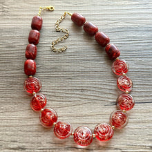 Load image into Gallery viewer, Gold & Red Jewel Statement Necklace, Chunky 1 Strand Jewelry, gold red necklace, glass bib beaded necklace thick collar bead lampwork