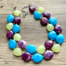 Load image into Gallery viewer, Choppy Waters Caribbean Necklace, 2 Strand Statement Jewelry, aqua blue lime green purple Chunky bib bridesmaid turquoise big beaded
