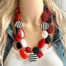 Load image into Gallery viewer, Red & Black Day at the Park statement necklace, striped chunky bib necklace, thick beaded jewelry neutral double strand white jewelry