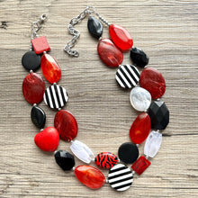 Load image into Gallery viewer, Red & Black Day at the Park statement necklace, striped chunky bib necklace, thick beaded jewelry neutral double strand white jewelry