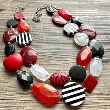 Load image into Gallery viewer, Red & Black Day at the Park statement necklace, striped chunky bib necklace, thick beaded jewelry neutral double strand white jewelry