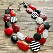 Load image into Gallery viewer, Red & Black Day at the Park statement necklace, striped chunky bib necklace, thick beaded jewelry neutral double strand white jewelry