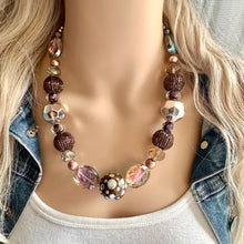 Load image into Gallery viewer, Ribbons of Chocolate Statement Necklace, Big beaded jewelry Single Strand Geometric Brown Bib bridesmaid wedding geometric pink gold silver